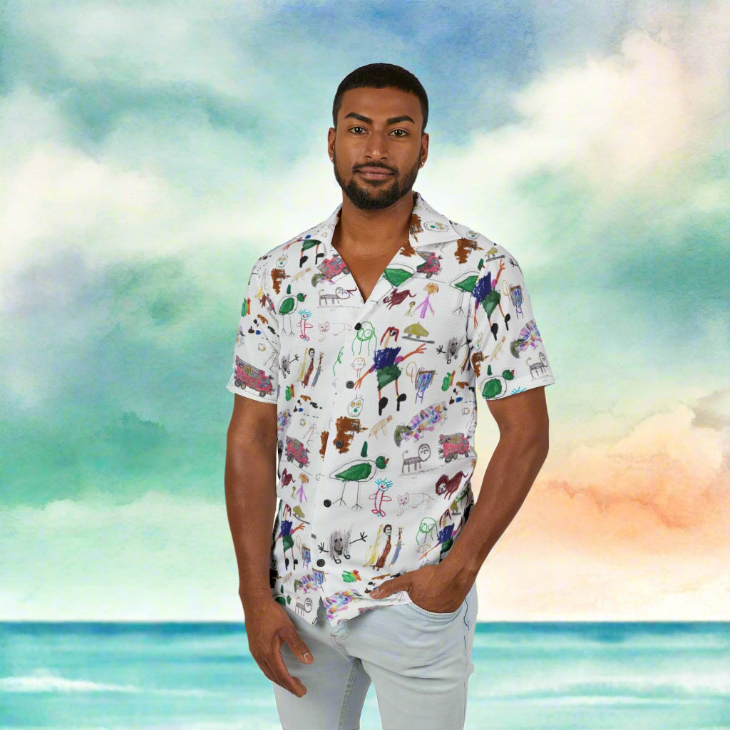 Man wearing Hawaiian shirt with kid's art