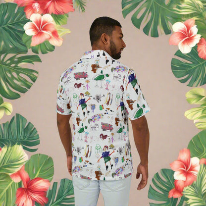 Man wearing Hawaiian shirt with kid's art